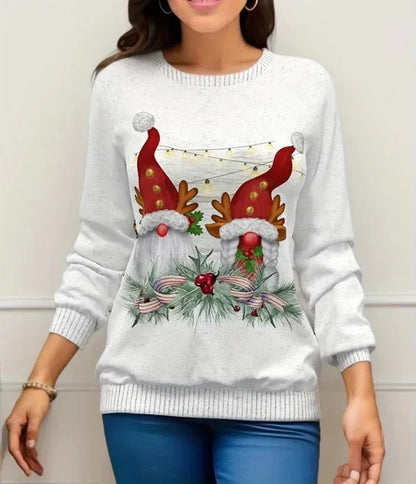 Dames kersttrui met sneeuwpop- en rendierprint – Gebreid nylon en acryl