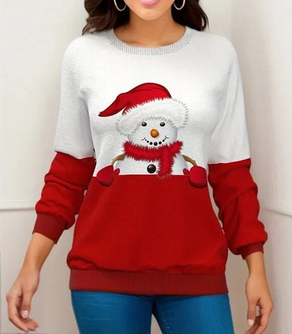 Dames kersttrui met sneeuwpop- en rendierprint – Gebreid nylon en acryl