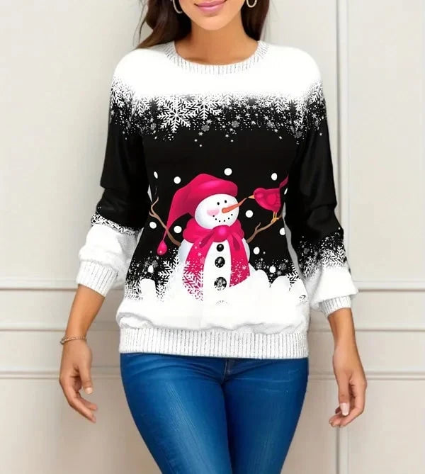 Dames kersttrui met sneeuwpop- en rendierprint – Gebreid nylon en acryl