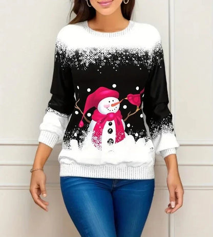 Dames kersttrui met sneeuwpop- en rendierprint – Gebreid nylon en acryl