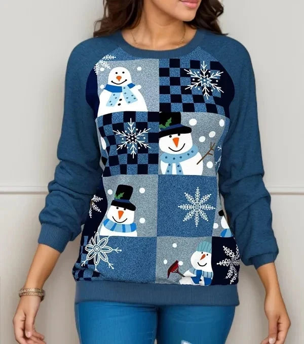 Dames kersttrui met sneeuwpop- en rendierprint – Gebreid nylon en acryl