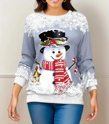Dames kersttrui met sneeuwpop- en rendierprint – Gebreid nylon en acryl