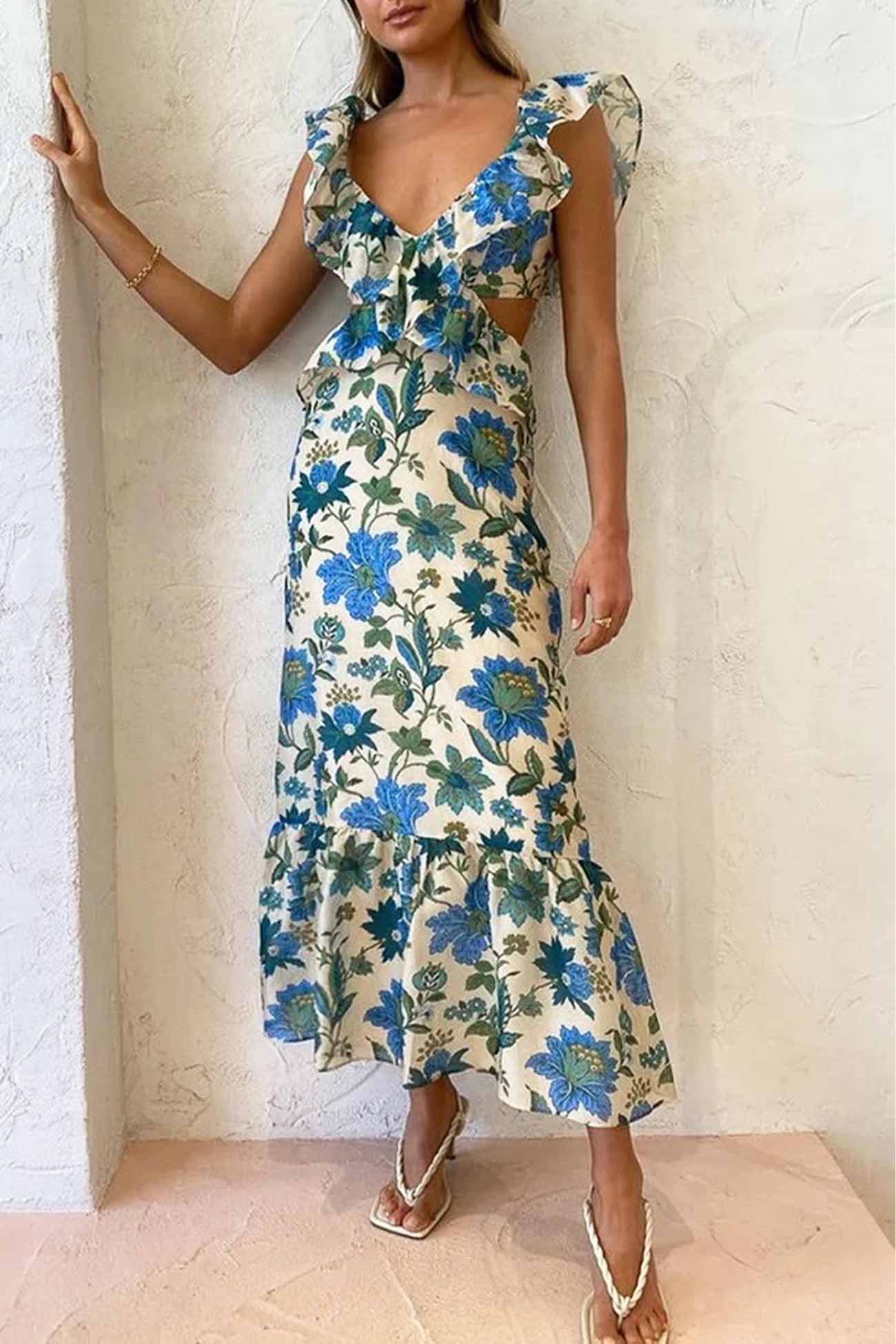 Image of Dames Maxi-jurk met Ruches en Bloemenprint
