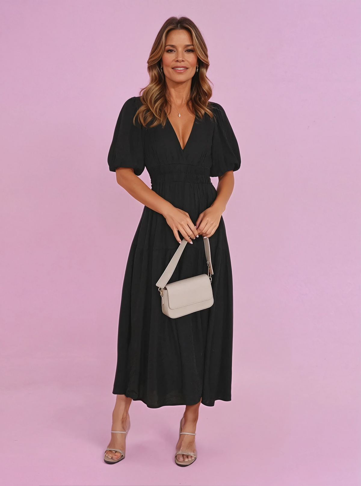 Dames midi-jurk met V-hals en pofmouwen