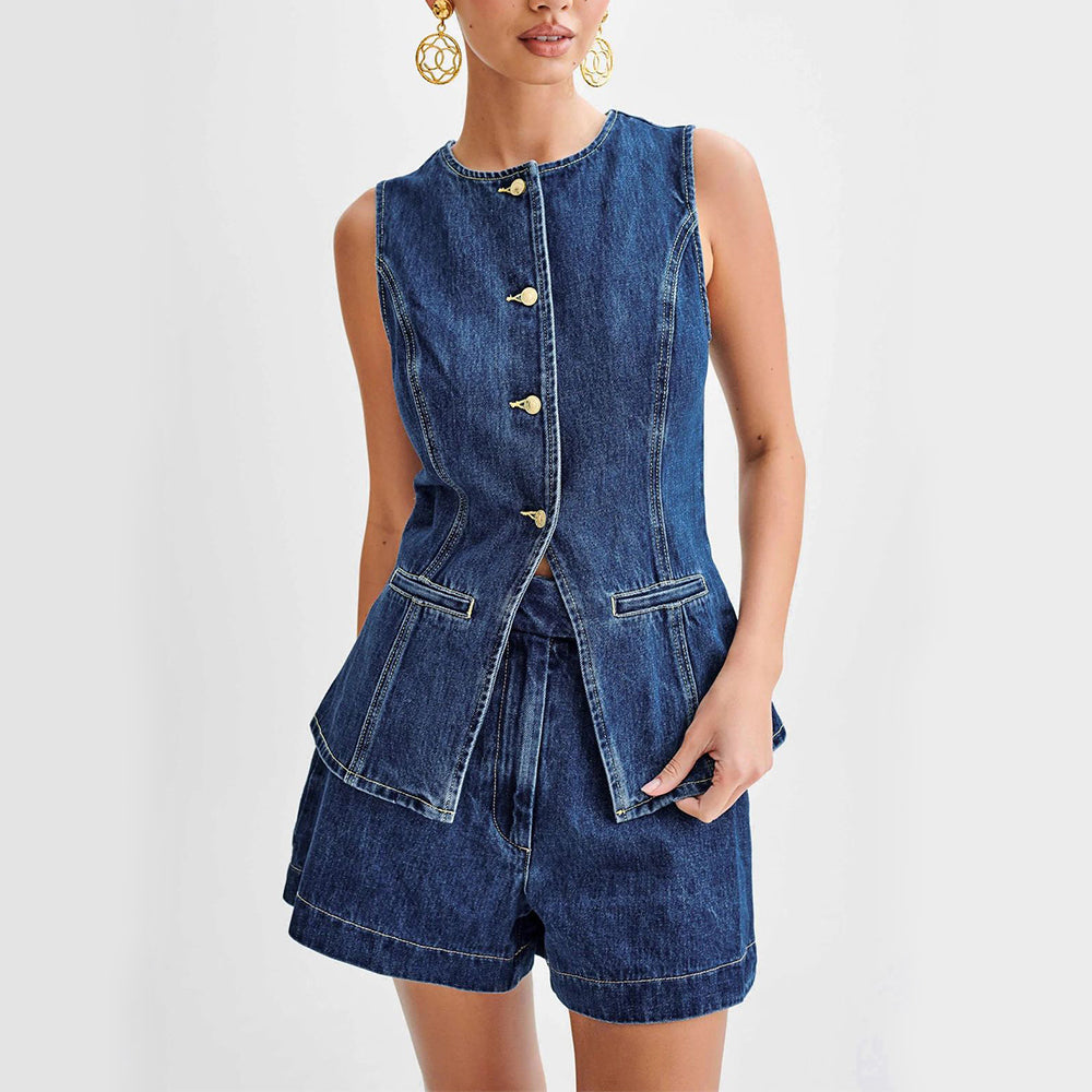 Image of Dames Mouwloze Denim Shorts Set