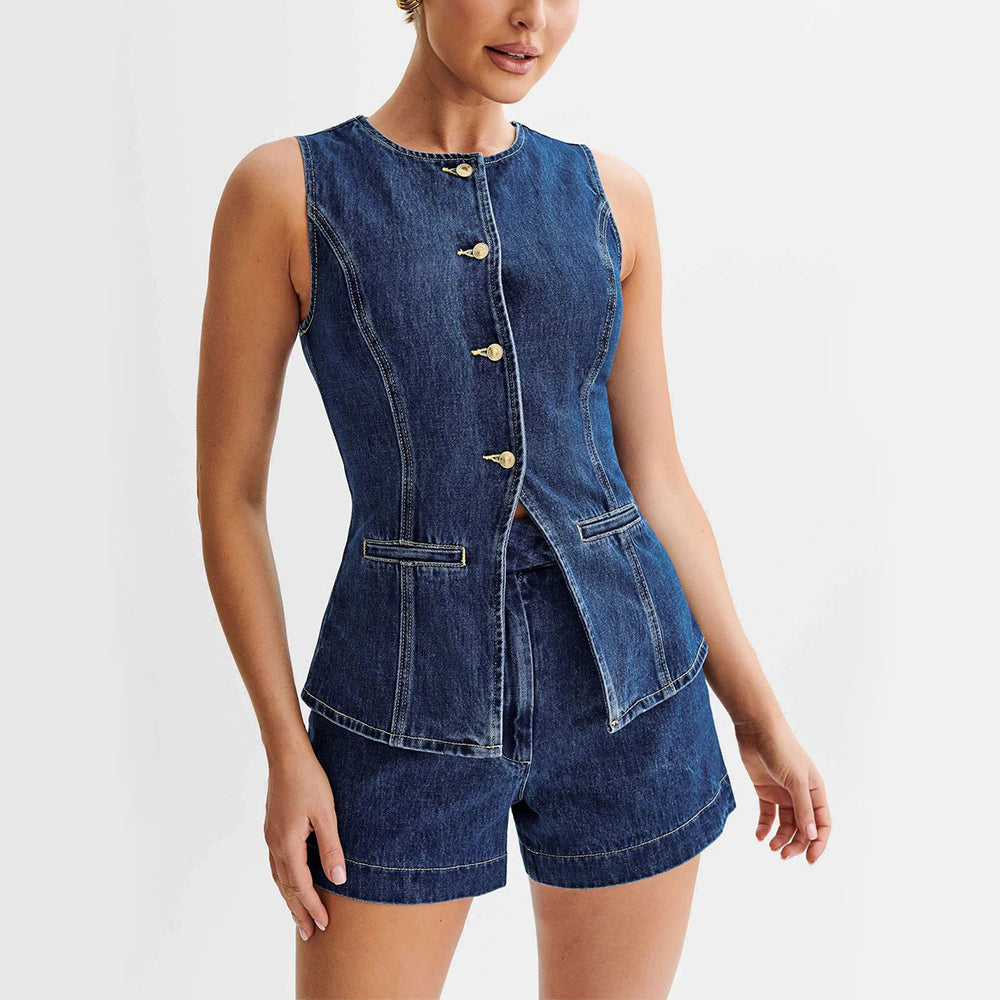 Image of Dames Mouwloze Denim Shorts Set