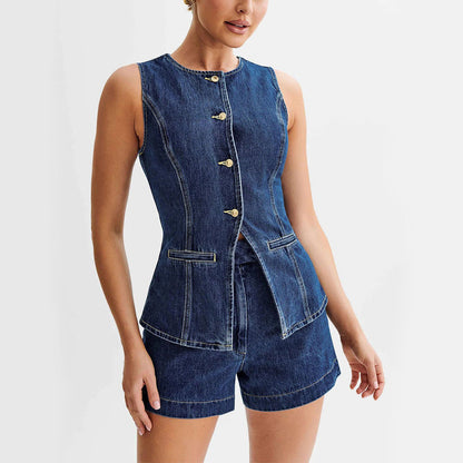 Image of Dames Mouwloze Denim Shorts Set