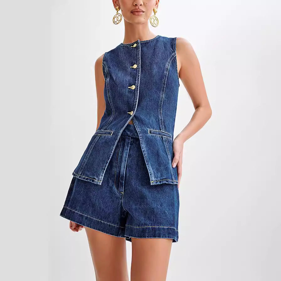 Image of Dames Mouwloze Denim Shorts Set