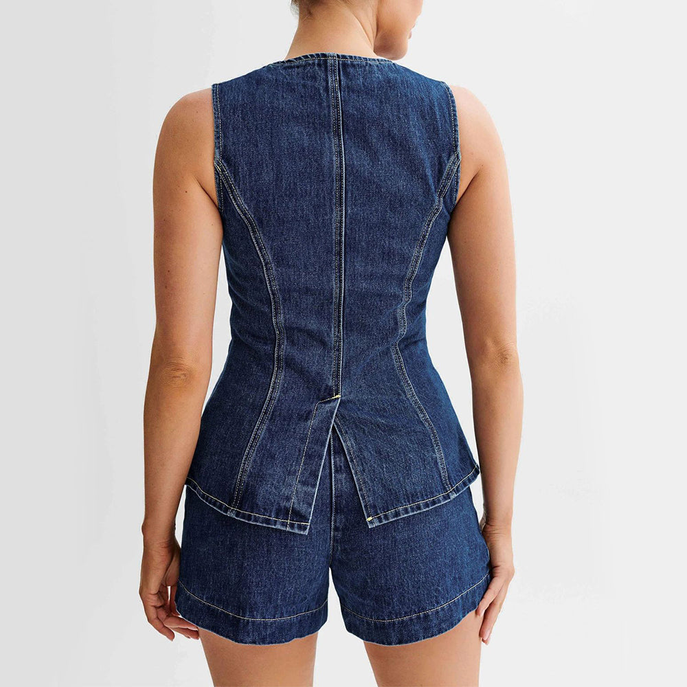 Image of Dames Mouwloze Denim Shorts Set