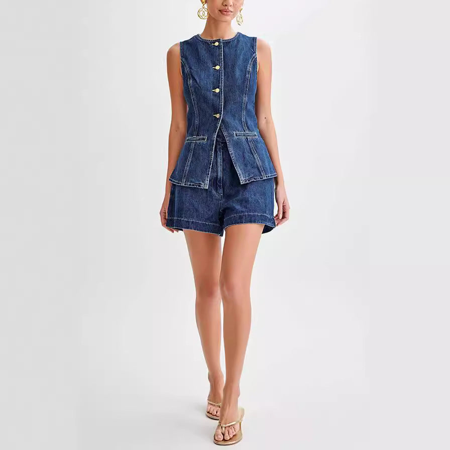 Image of Dames Mouwloze Denim Shorts Set