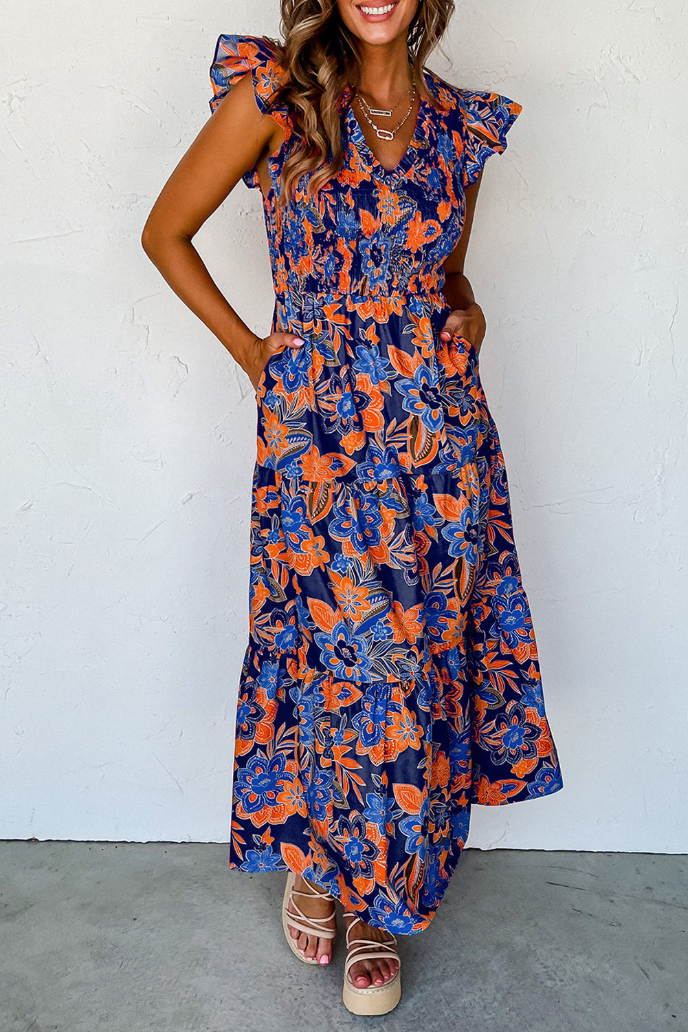 Image of Dames Smocked Bloemen Zomerjurk Maxi Jurk