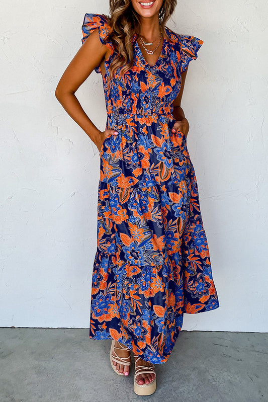 Image of Dames Smocked Bloemen Zomerjurk Maxi Jurk
