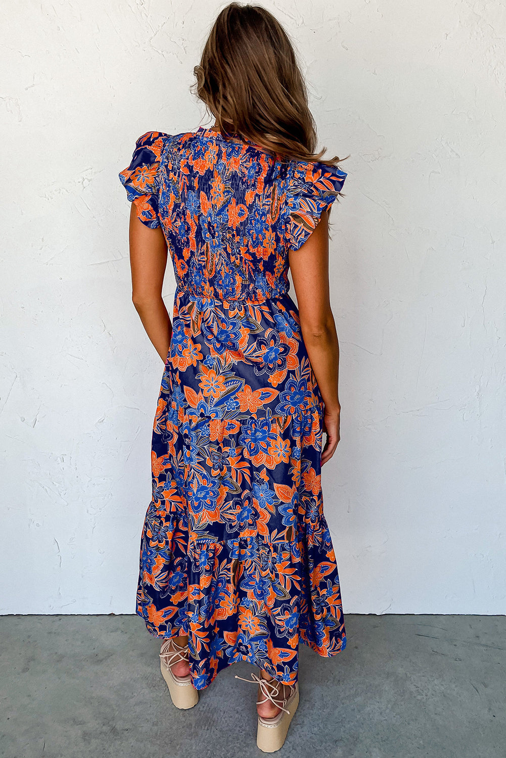 Image of Dames Smocked Bloemen Zomerjurk Maxi Jurk