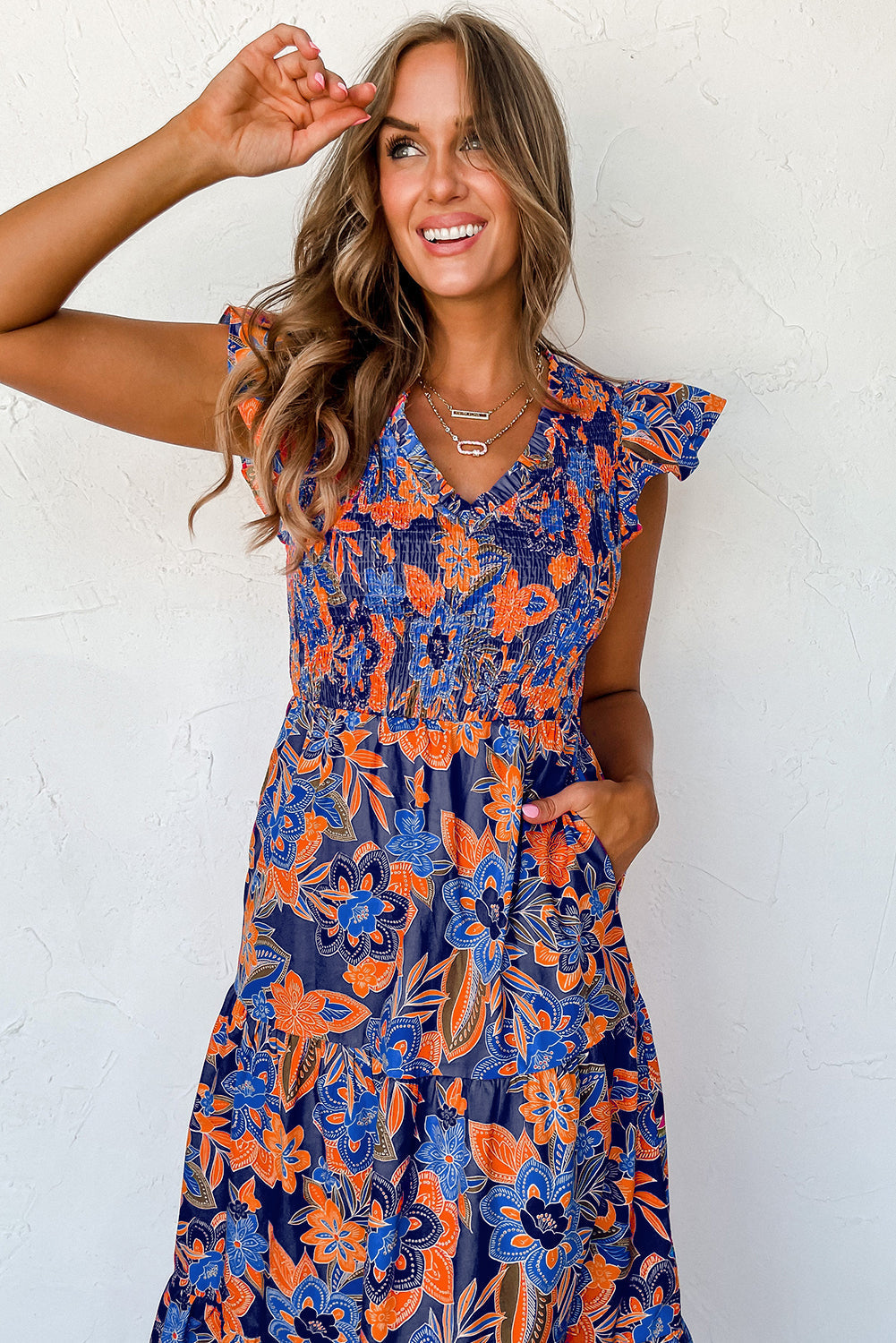 Image of Dames Smocked Bloemen Zomerjurk Maxi Jurk