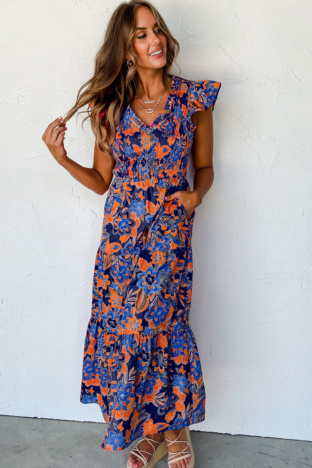 Image of Dames Smocked Bloemen Zomerjurk Maxi Jurk