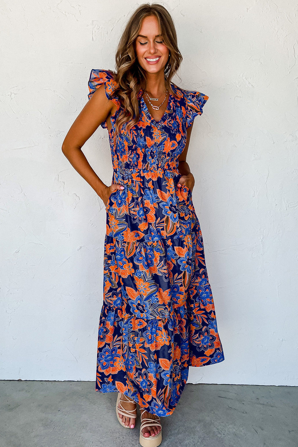 Image of Dames Smocked Bloemen Zomerjurk Maxi Jurk
