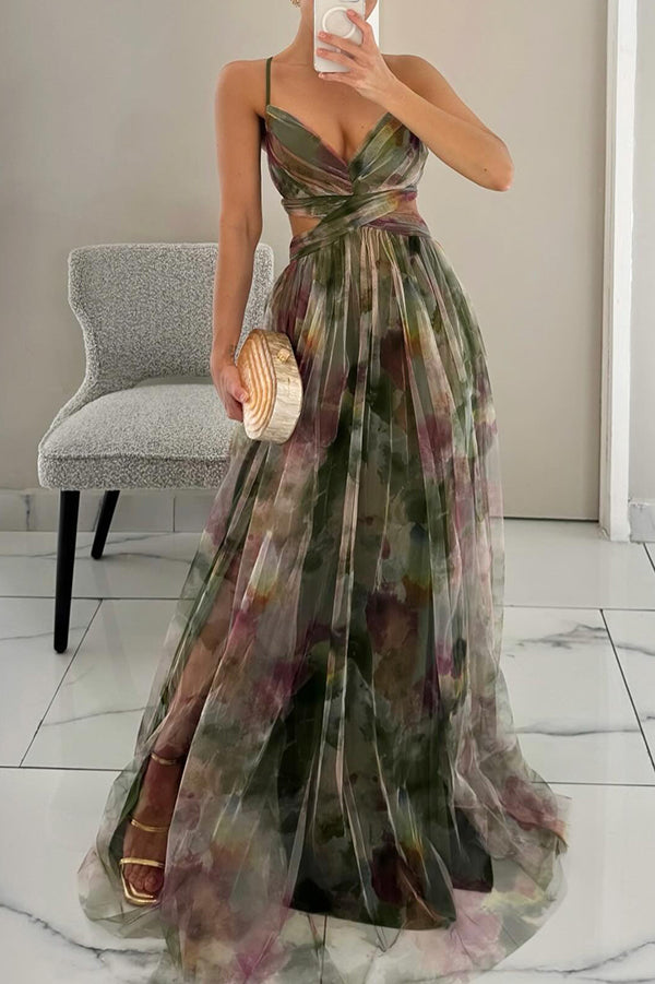Image of Dames Spaghetti Bandjes Bloemen A-lijn Maxi Jurk