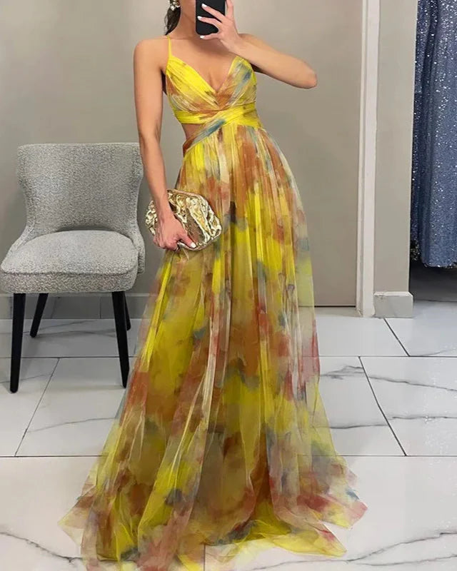 Image of Dames Spaghetti Bandjes Bloemen A-lijn Maxi Jurk