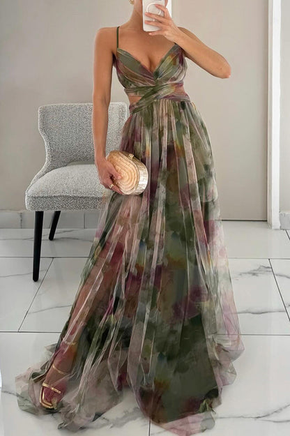 Image of Dames Spaghetti Bandjes Bloemen A-lijn Maxi Jurk