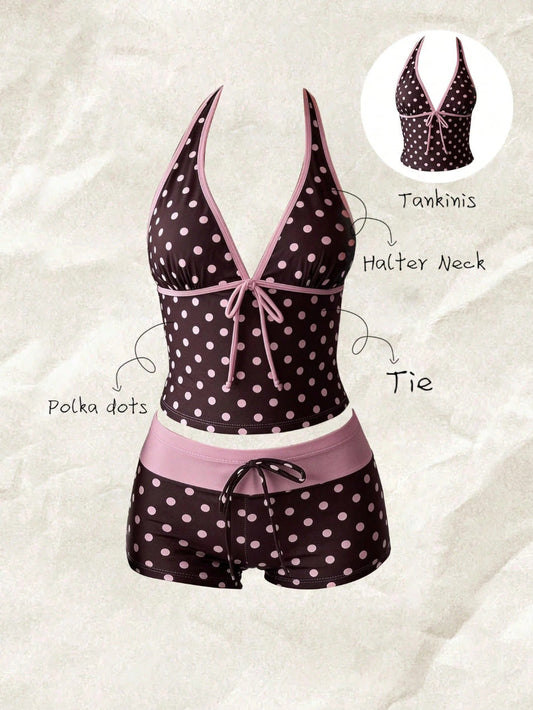 Dames tankini met modieus stippenpatroon en verstelbare halternek