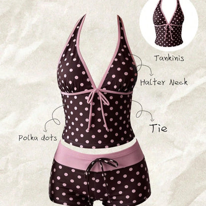 Dames tankini met modieus stippenpatroon en verstelbare halternek