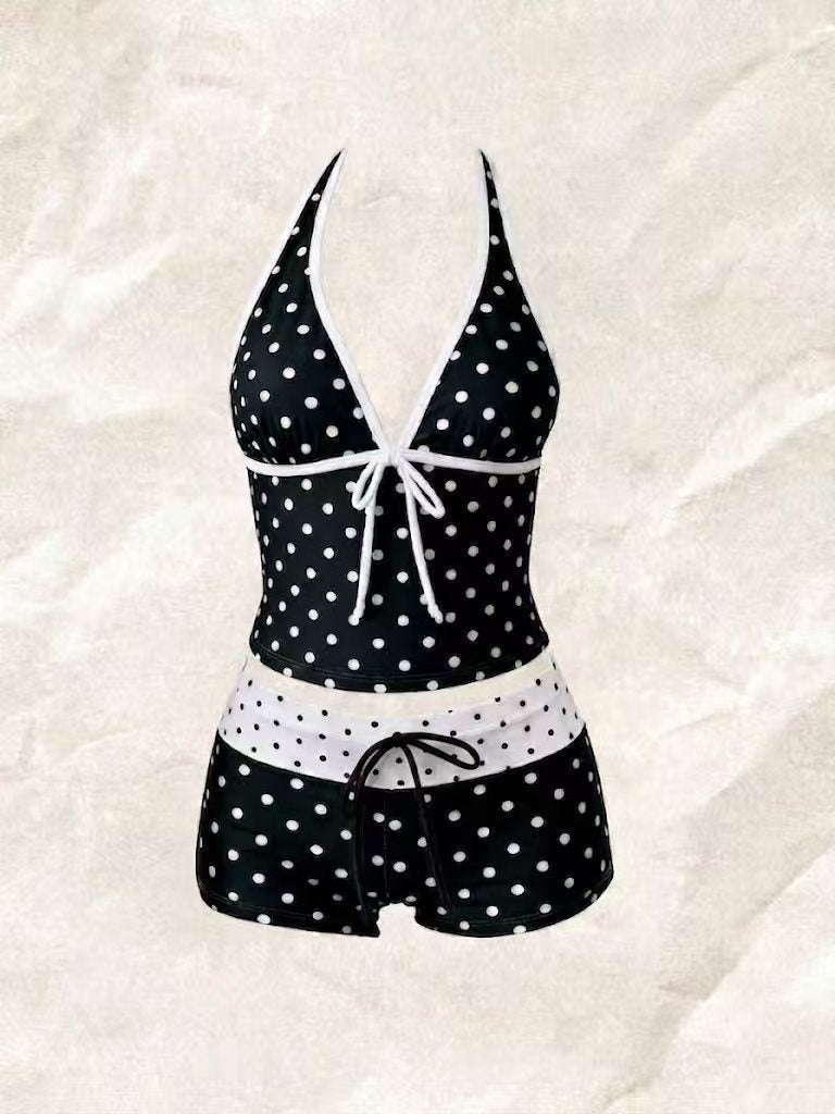 Dames tankini met modieus stippenpatroon en verstelbare halternek