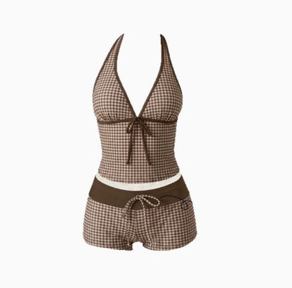 Dames tankini met modieus stippenpatroon en verstelbare halternek