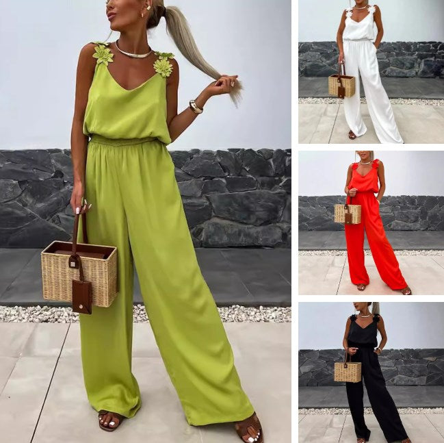 Image of Dames V-hals Maxi Jumpsuit met Wijde Pijpen