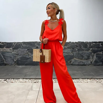 Image of Dames V-hals Maxi Jumpsuit met Wijde Pijpen