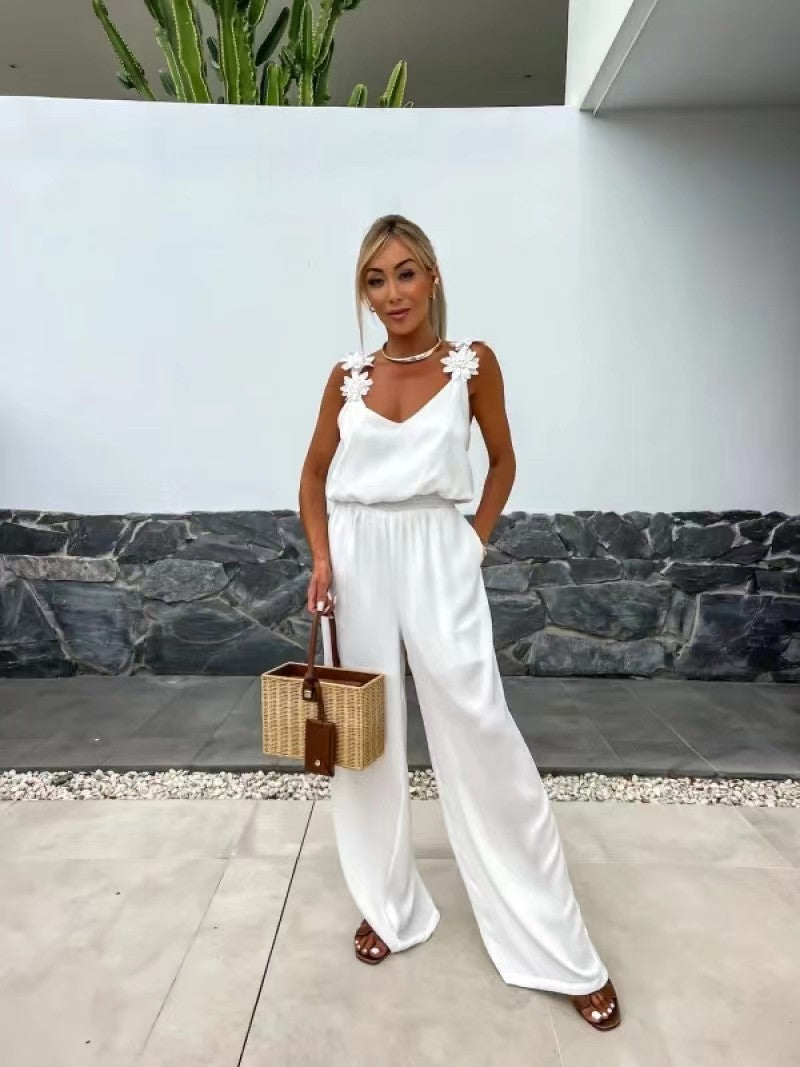 Image of Dames V-hals Maxi Jumpsuit met Wijde Pijpen
