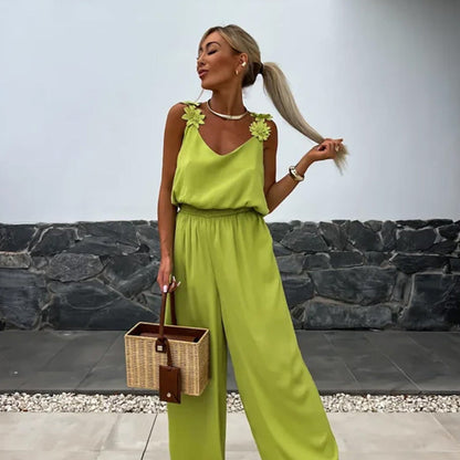 Image of Dames V-hals Maxi Jumpsuit met Wijde Pijpen