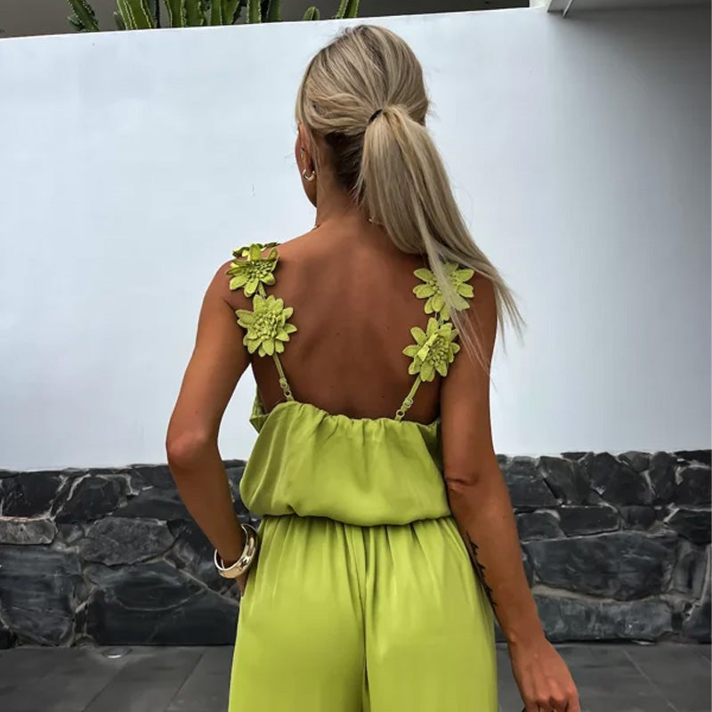 Image of Dames V-hals Maxi Jumpsuit met Wijde Pijpen