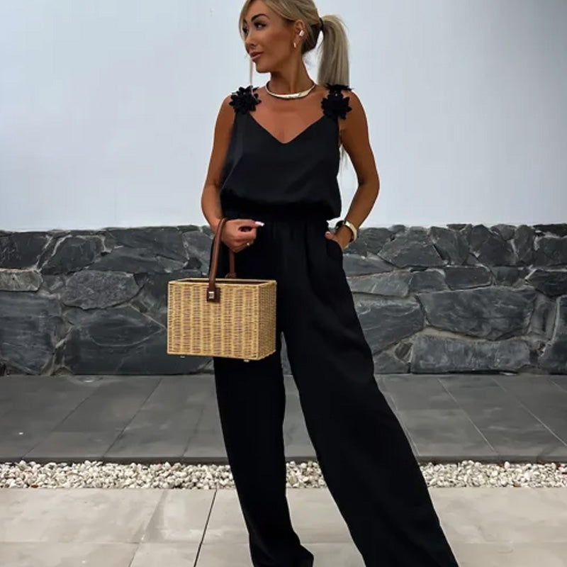 Image of Dames V-hals Maxi Jumpsuit met Wijde Pijpen