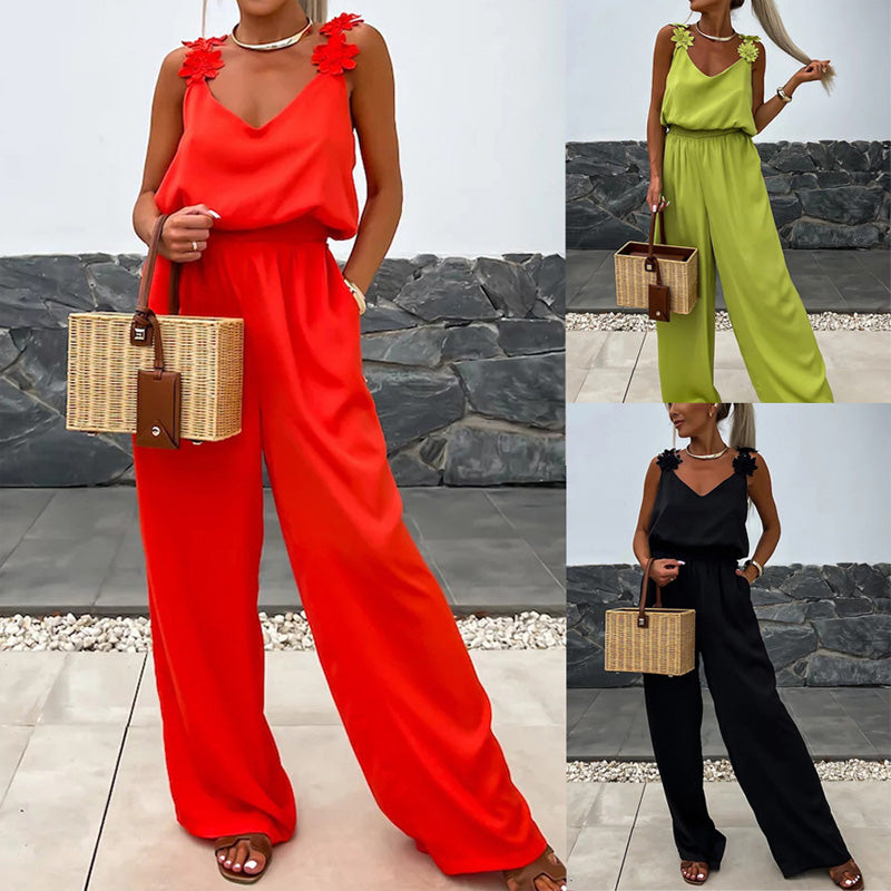 Image of Dames V-hals Maxi Jumpsuit met Wijde Pijpen