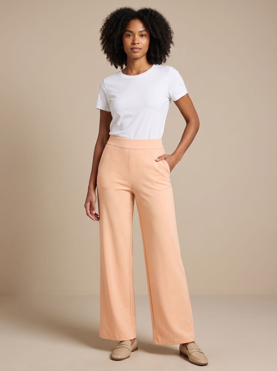 Damesbroek met wijde pijpen, hoge taille, stretch en zakken
