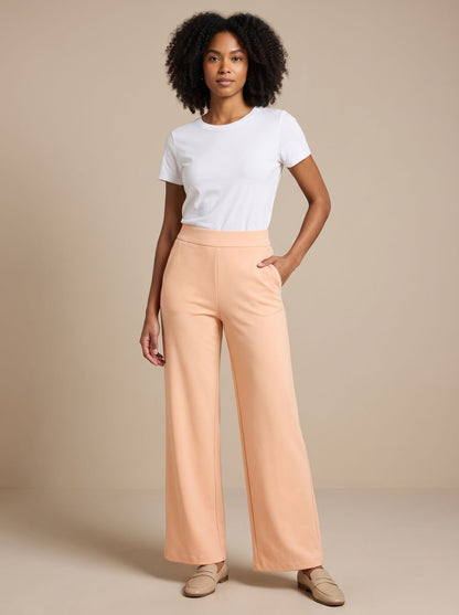 Damesbroek met wijde pijpen, hoge taille, stretch en zakken