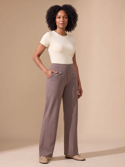 Damesbroek met wijde pijpen, hoge taille, stretch en zakken