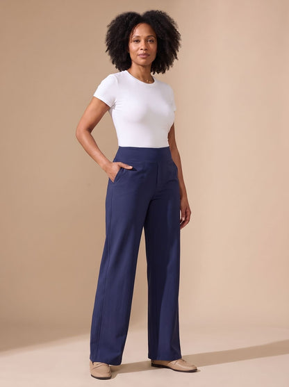 Damesbroek met wijde pijpen, hoge taille, stretch en zakken