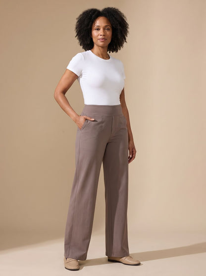 Damesbroek met wijde pijpen, hoge taille, stretch en zakken