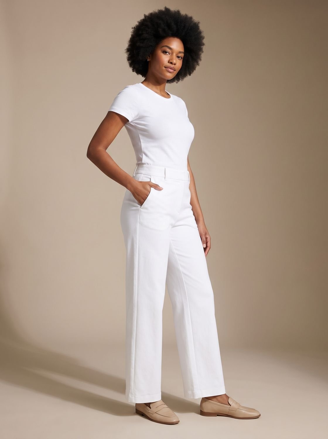 Damesbroek met wijde pijpen, hoge taille, stretch en zakken