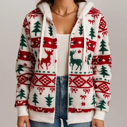 Dameshoodie met rits en kerstprint - Sherpa gevoerd