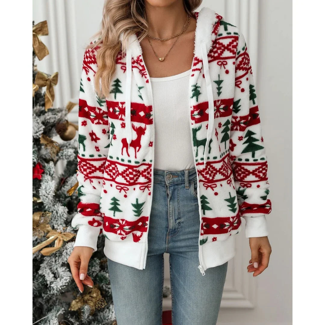 Dameshoodie met rits en kerstprint - Sherpa gevoerd