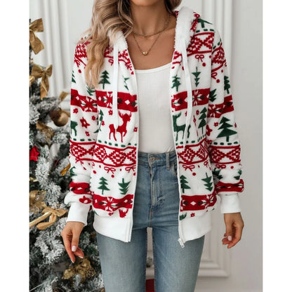 Dameshoodie met rits en kerstprint - Sherpa gevoerd