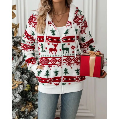 Dameshoodie met rits en kerstprint - Sherpa gevoerd