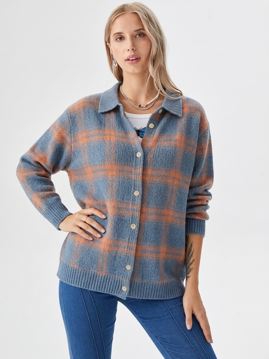 Damesvest met ruitpatroon en knoopsluiting – Oversized model voor herfst/winter