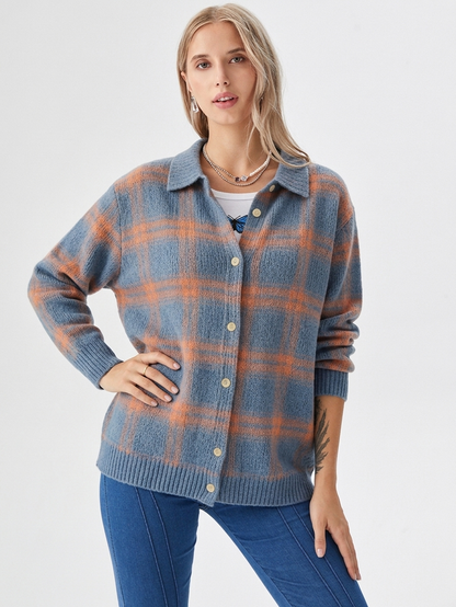 Damesvest met ruitpatroon en knoopsluiting – Oversized model voor herfst/winter