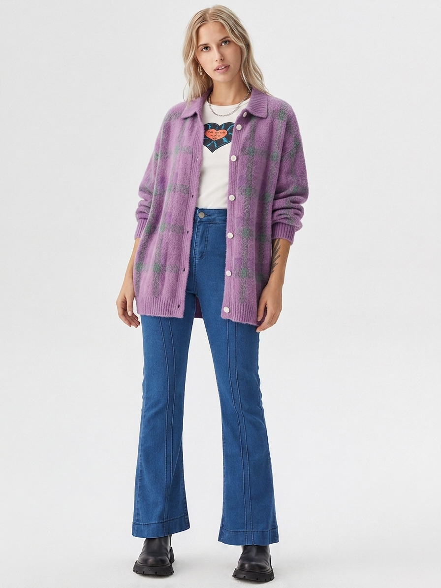 Damesvest met ruitpatroon en knoopsluiting – Oversized model voor herfst/winter