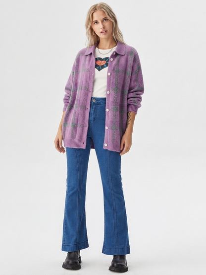 Damesvest met ruitpatroon en knoopsluiting – Oversized model voor herfst/winter
