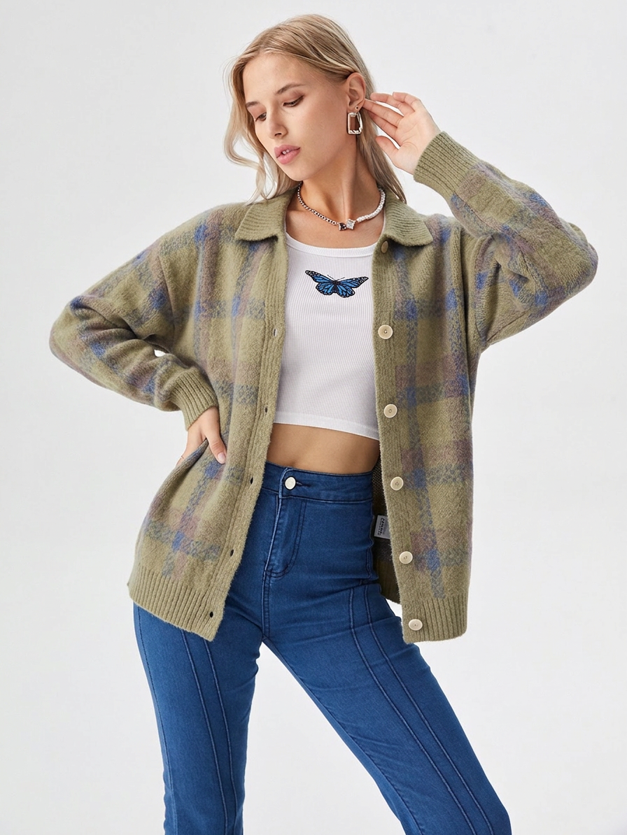 Damesvest met ruitpatroon en knoopsluiting – Oversized model voor herfst/winter
