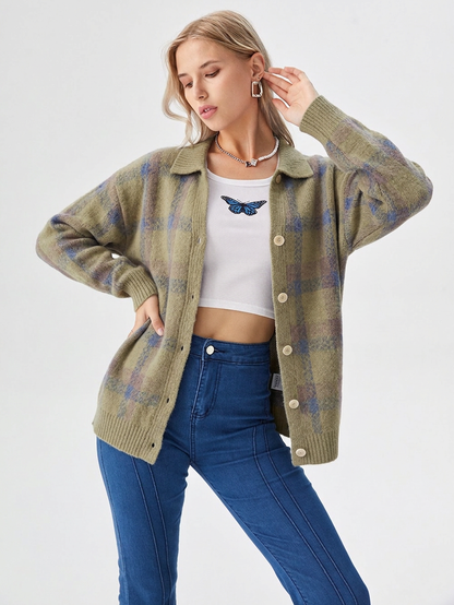 Damesvest met ruitpatroon en knoopsluiting – Oversized model voor herfst/winter